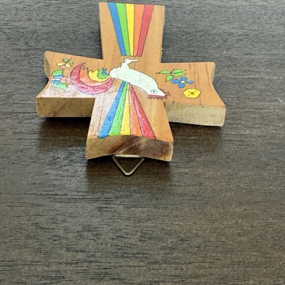 Cross El Salvador Vtg Handmade Rooster Rainbow Folk Art Colors Floral Religious - Picture 7 of 15